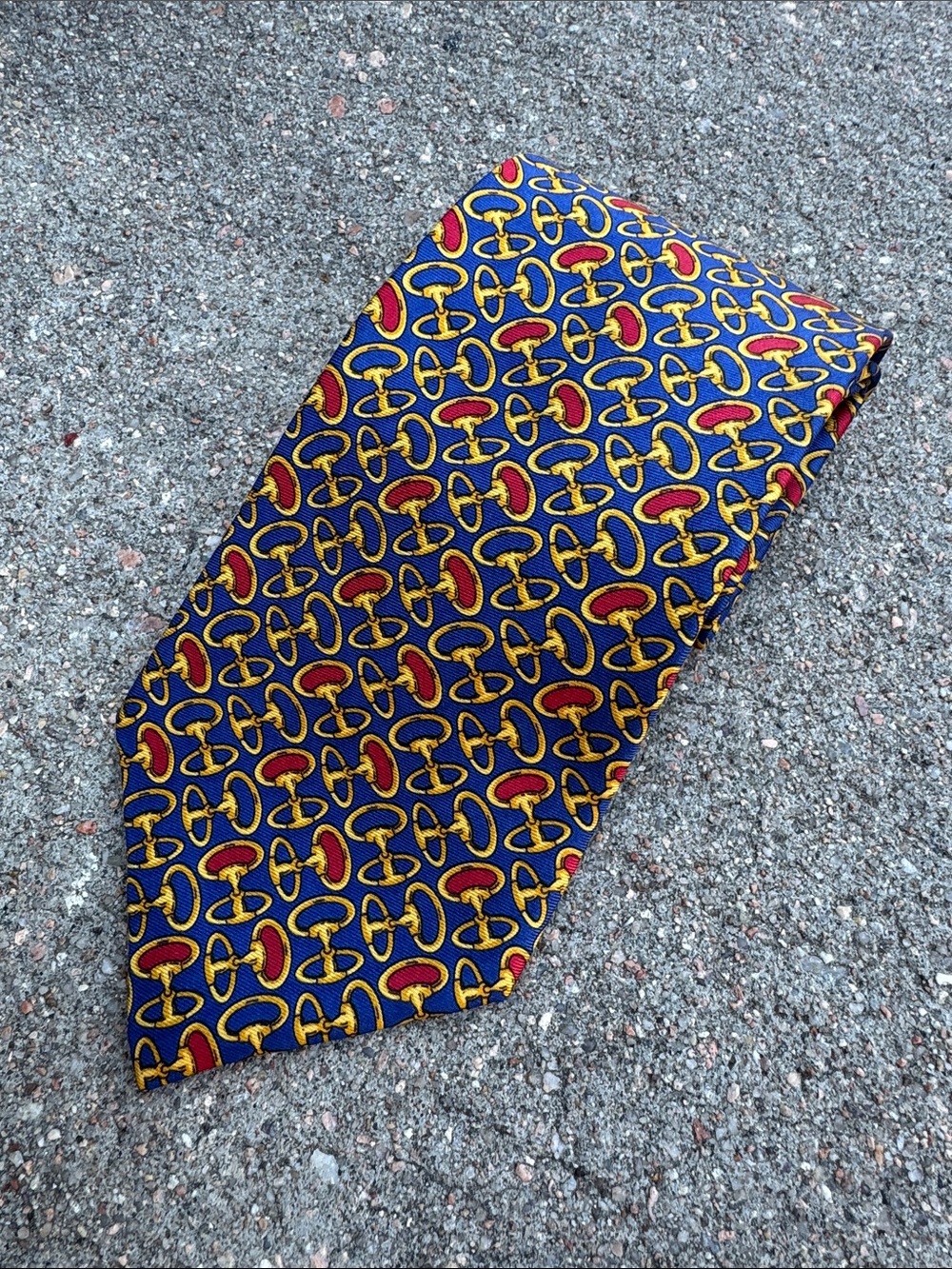 Vintage Dior Men's Silk Tie in Navy, Gold & Red Horsebit Equestrian Motif